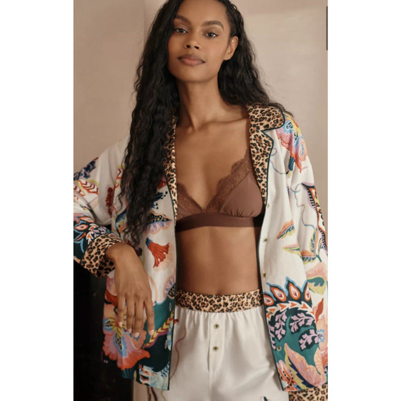 Anthropologie X Sarah Gordon Flannel Pajama Top Size Small Floral Humming Bird - Picture 3 of 16